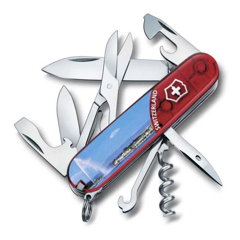 Нож Victorinox Climber 1.3703.TE4 полупрозрачный красный с изображением Женевы